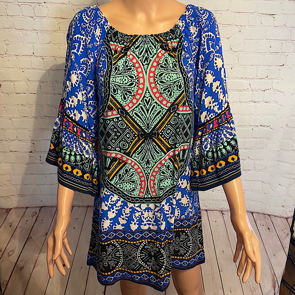 Flying Tomatoe patterned blue & aqua boho dress size medium